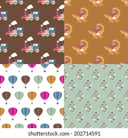 Seamless vintage style train dinosaur and hot air balloon kids toys and icons illustration background pattern collection set in vector