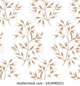 Seamless vintage summer lineart pattern isolated. Spikelets of oats on a white background. Texture for textile, wrapping paper, website.