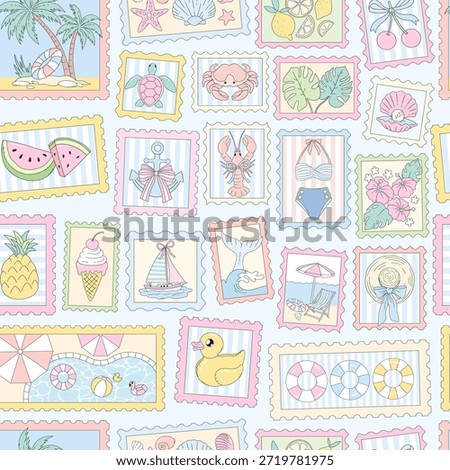 Seamless Vintage Summer Postage Stamp Pattern with Coastal and Beach Icons