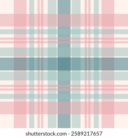 Seamless vintage tartan pattern with muted pink and green stripes on a cream background. Ideal for textile design, holiday wrapping paper, retro stationery, and digital prints.