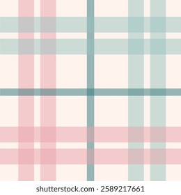 Seamless vintage tartan pattern with muted pink and green stripes on a cream background. Ideal for textile design, holiday wrapping paper, retro stationery, and digital prints.