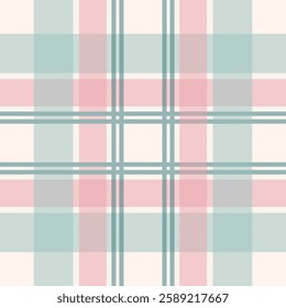 Seamless vintage tartan pattern with muted pink and green stripes on a cream background. Ideal for textile design, holiday wrapping paper, retro stationery, and digital prints.