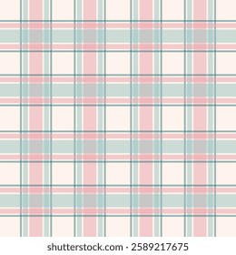 Seamless vintage tartan pattern with muted pink and green stripes on a cream background. Ideal for textile design, holiday wrapping paper, retro stationery, and digital prints.