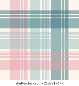 Seamless vintage tartan pattern with muted pink and green stripes on a cream background. Ideal for textile design, holiday wrapping paper, retro stationery, and digital prints.