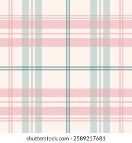 Seamless vintage tartan pattern with muted pink and green stripes on a cream background. Ideal for textile design, holiday wrapping paper, retro stationery, and digital prints.
