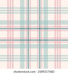 Seamless vintage tartan pattern with muted pink and green stripes on a cream background. Ideal for textile design, holiday wrapping paper, retro stationery, and digital prints.