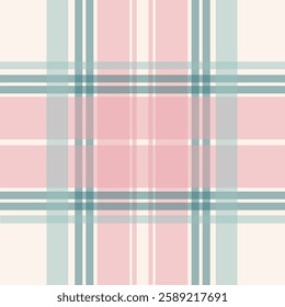 Seamless vintage tartan pattern with muted pink and green stripes on a cream background. Ideal for textile design, holiday wrapping paper, retro stationery, and digital prints.