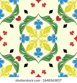 Ladrilho vintage sem costura com motivos botânicos e de terno de carta em vermelho verde tons amarelos azuis. Inspirado por padrões europeus de cerâmica com um toque de fantasia. elegância moderno luxo detalhado repetição bordado.