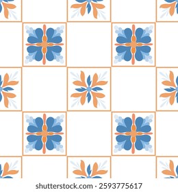 Seamless vintage tile pattern with elegant floral motifs in blue and orange. Perfect for ceramics, textiles, wallpapers, and decorative designs.