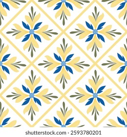 Seamless vintage tile pattern with floral motifs in yellow, blue, and green. Diagonal layout with elegant symmetry, perfect for textiles, wallpapers, and ceramics.
