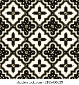 Seamless vintage tile pattern with rhombuses grid, gold chains, beads, buttons. Classic geometric black and white ornament. Vector contrast illustration