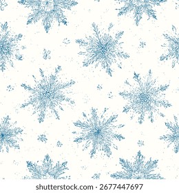 Padrão de floco de neve resistente, azul desenho à mão gravura estilo fundo de inverno