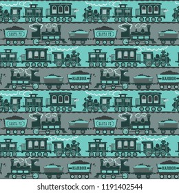 Seamless Vintage Train Railroad Pattern / Teal and Gray Background / Vector Illustration / Global Colors saved with Pattern Swatches