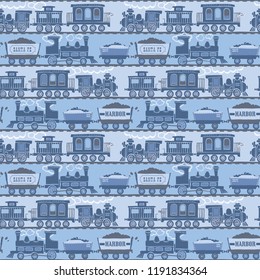 Seamless Vintage Train Railroad Pattern / Navy and Blue Background / Vector Illustration / Global Colors saved with Pattern Swatches