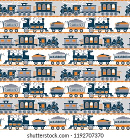 Seamless Vintage Train Railroad Pattern / Whte and Gray Background / Vector Illustration / Global Colors saved with Pattern Swatches