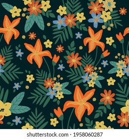 seamless vintage tropical pattern. dark background. bright orange, yellow flowers. vector texture. beautiful print for textiles and wallpaper.
