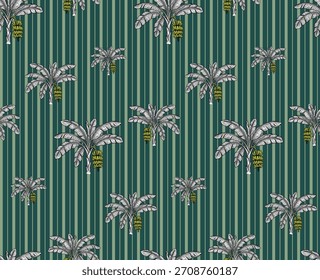 Nahtloses tropisches Vintage-Muster mit gravierten schwarz-weißen Bananenbäumen auf dunkelgrünem, vertikalem, gestreiftem Hintergrund. Luxuriöse botanische Ätzgrafik.