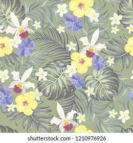 Seamless vintage tropical pattern. Jungle background with palm leaves, orchid and hibiscus flowers.