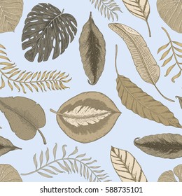 seamless vintage tropical pattern with leaves, hand drawn or enrgaved. vintage looking leaf and plants.
