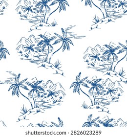 Seamless vintage tropical toile pattern. Hand-drawn coastal landscape featuring palm trees, mountains, and ocean in navy blue line art on a white background. Classic sketch vector illustration for apparel, textile, and wallpaper.