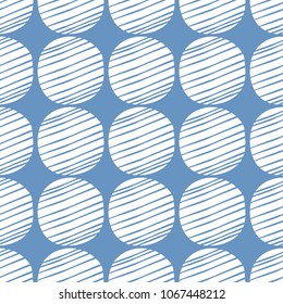 Seamless vintage vector pattern with cool white circle geometric shapes on blue background. Cool summer or spring motif. Can be used for fabric,cloth pattern,textile,wallpaper,covers and home decor.