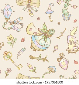Seamless Vintage Vector Pattern. Pastel colors. Witch Craft. For Halloween design. Card, Fabric Design. Cartoon-style illustrations.