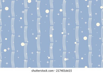 Patrón vectorial vintage sin inconvenientes con estrellas, rayas y puntos sobre fondo azul claro. Motivo abstracto. Se puede usar para pegatinas, tela, patrón de tela, textil, papel pintado, cubiertas y decoración doméstica.