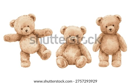 Seamless Vintage Vector Set Watercolor Teddy Bear Pattern on Beige Background, cute retro nursery design with hand painted plush toys for baby textile, wallpaper and fabric print