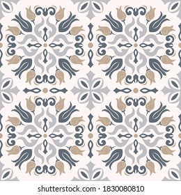 Seamless Vintage Wallpaper in damask style. Portuguese and Spain decor. Ceramic tile. Seamless Azulejo tile.  Islam, Arabic, Indian, Ottoman motif. Vector hand drawn illustration