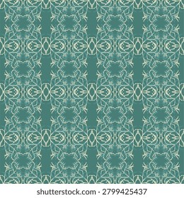 Seamless vintage wallpaper features a dark kelly green background with a repeating white ornamental design