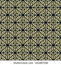Seamless vintage wallpaper yellow pattern on dark blue. Geometric decorative background.