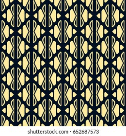 Seamless vintage wallpaper yellow pattern on dark blue. Geometric decorative background.