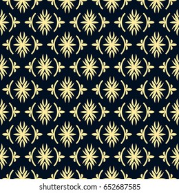 Seamless vintage wallpaper yellow pattern on dark blue. Geometric decorative background.