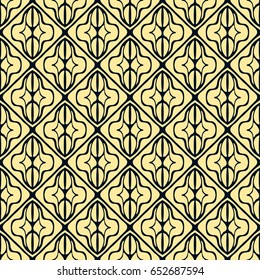 Seamless vintage wallpaper yellow pattern on dark blue. Geometric decorative background.