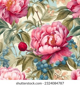 Seamless vintage watercolor style vector background with pink peony flowers.