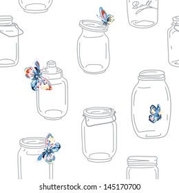 Seamless vintage whimsical pattern with jars and butterflies, vector retro background