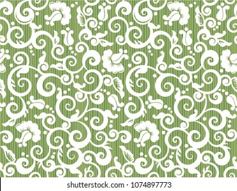 Seamless vintage white and green swirly floral pattern with abstract roses and rosebuds, woodworking alike