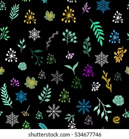 Seamless vintage winter pattern with hand drawn floral decorative elements, vector illustration