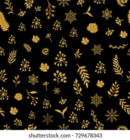Seamless vintage winter pattern with hand drawn floral decorative elements, vector illustration