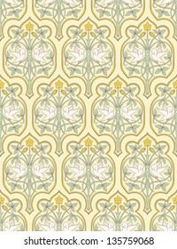 Seamless vintage yellow pattern with doves and flowers. vector illustration