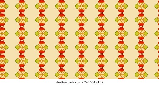 A seamless vintage-inspired floral pattern featuring symmetrical rows of red, orange, and green abstract flower motifs.