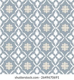 A seamless vintage-inspired floral pattern in a soft blue background with white and beige ornamental motifs. Perfect for wallpapers, textiles, gift wrapping, and digital design projects. 