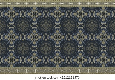 A seamless vintage-inspired pattern featuring intricate floral motifs. The symmetrical design exudes elegance and sophistication, ideal for use in textiles, wallpapers, and decorative projects.
