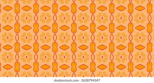 Patrón de inspiración vintage sin costuras con tonos naranjas, rojos y melocotón vivos.
