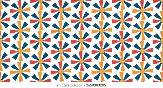 A seamless vintage-inspired repeating pattern featuring stylized sunburst or flower motifs. The design alternates between red and blue petals surrounding a yellow center.