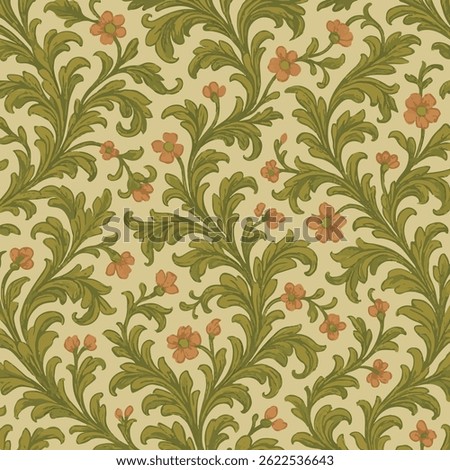seamless vintage-style floral pattern featuring gracefully flowing olive green foliage intertwined with delicate coral-pink flowers on a textured beige background. 