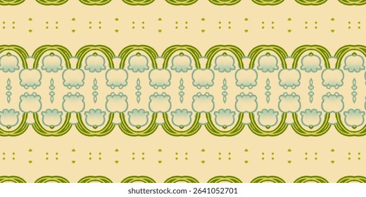 Seamless vintage-style floral pattern with green symmetrical vines and soft pastel blooms on beige. Ideal for textile, wallpaper, and retro decorative projects.

