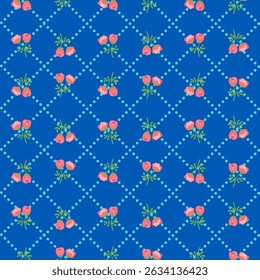 Seamless vintage-style floral pattern with small pink roses on a dark blue background. Delicate dotted diamond grid design, perfect for fabric, wallpaper, stationery, and romantic-themed projects.

