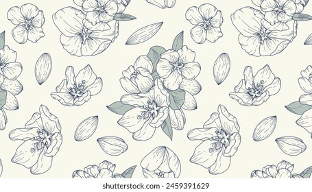 Seamless vintage-style pattern with blooming almond. Vector illustration featuring beautiful flowers in a botanical style. Suitable for textiles, backgrounds, prints, wrapping paper, covers.