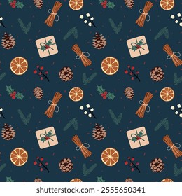 A seamless vintage-style pattern with Christmas decor. Spruce branches, gifts, plants, oranges, cinnamon. Hand-drawn pattern on a dark blue background. Packaging, wrapping paper, postcards, textiles